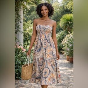 American Eagle Strapless Boho Midi Dress Smocked Paisley Summer Sundress